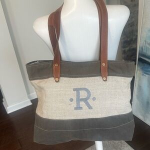 Heartstrings Canvas & Leather Monogrammed R Tote Bag